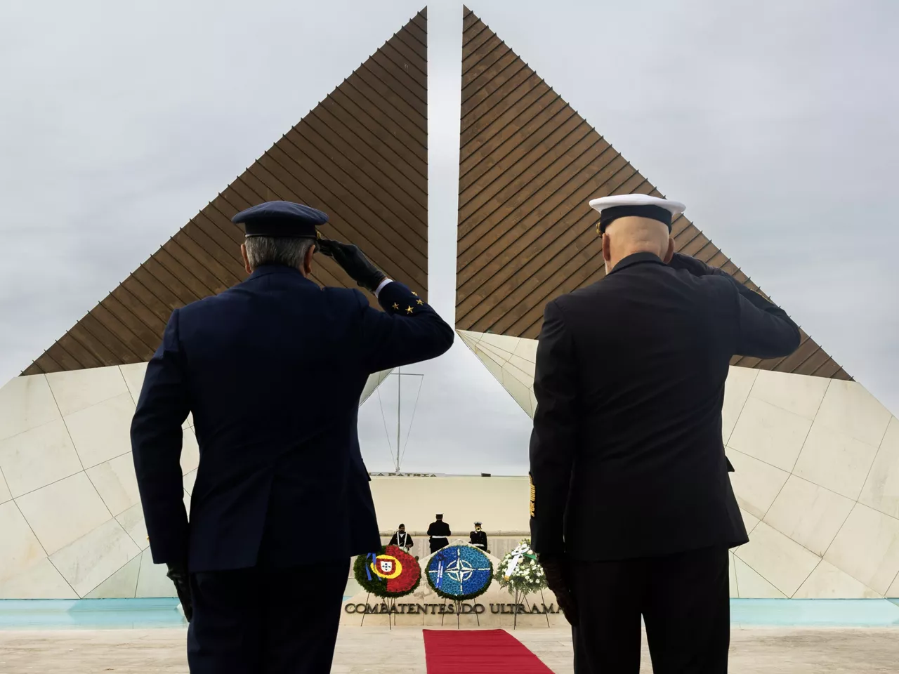 The Chair of the NATO Military Committee, Adm. Giuseppe Cavo Dragone (right) and the Chief of Defence of Portugal, Gen. João Cartaxo Alves (left), at the Act of Remembrance in Forte do Bom Sucesso, Lisbon, Portugal.