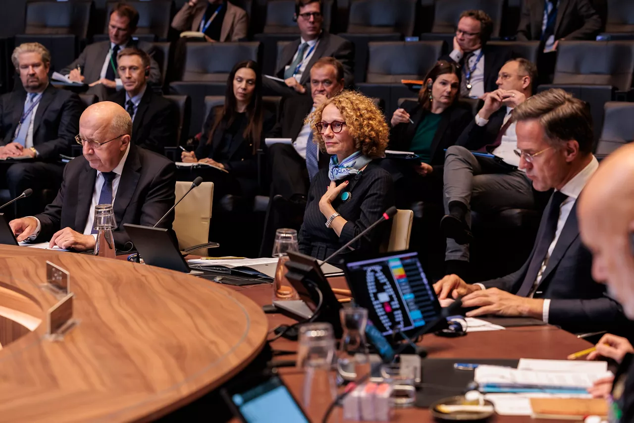 [from left to right] EU Commissioner for Defence and Space, Andrius Kubilius, NATO Deputy Secretary General Radmila Shekerinska and NATO Secretary General, Mark Rutte at the North Atlantic Council