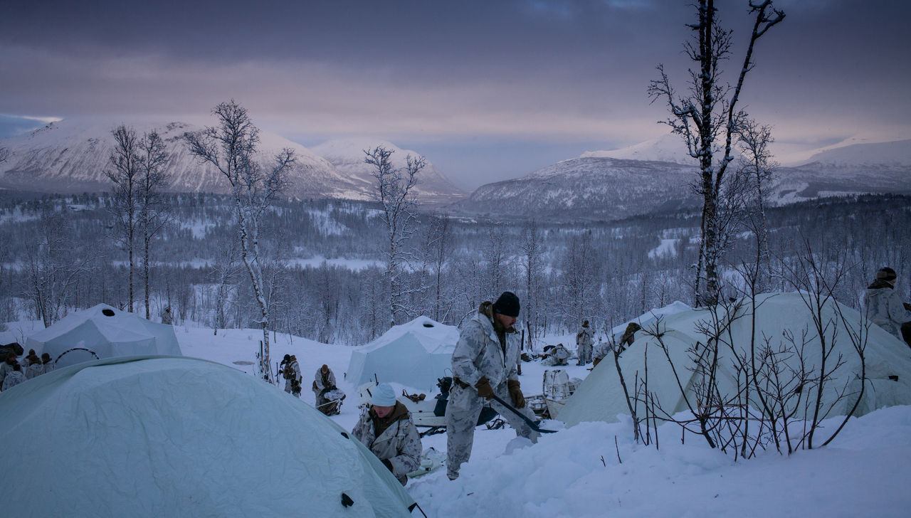 US Marines with the 1st Battalion of the 2nd Marine Regiment fortify their camp near Setermoen, Norway on 6 February 2024.