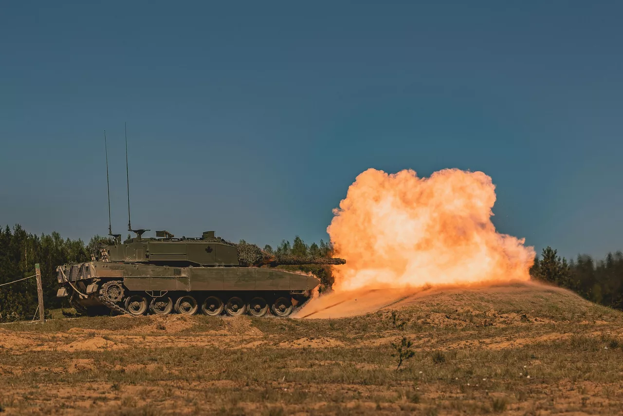 A Canadian Army Leopard 2A4M tank fires a round while taking part in the Canadian Army Trophy tank competition at Ādaži in Latvia.