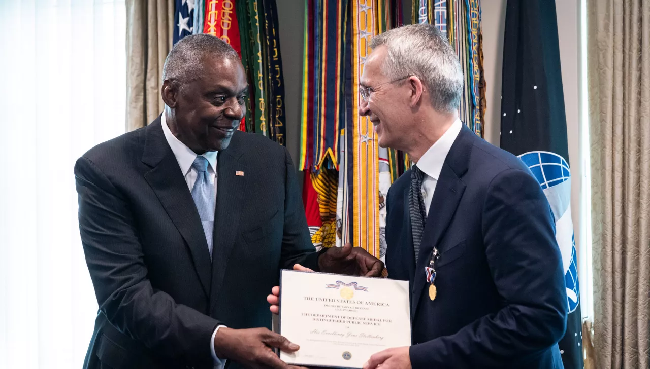 NATO Secretary General Jens Stoltenberg receives the US Department of Defense's Medal for distinguished Public Service
