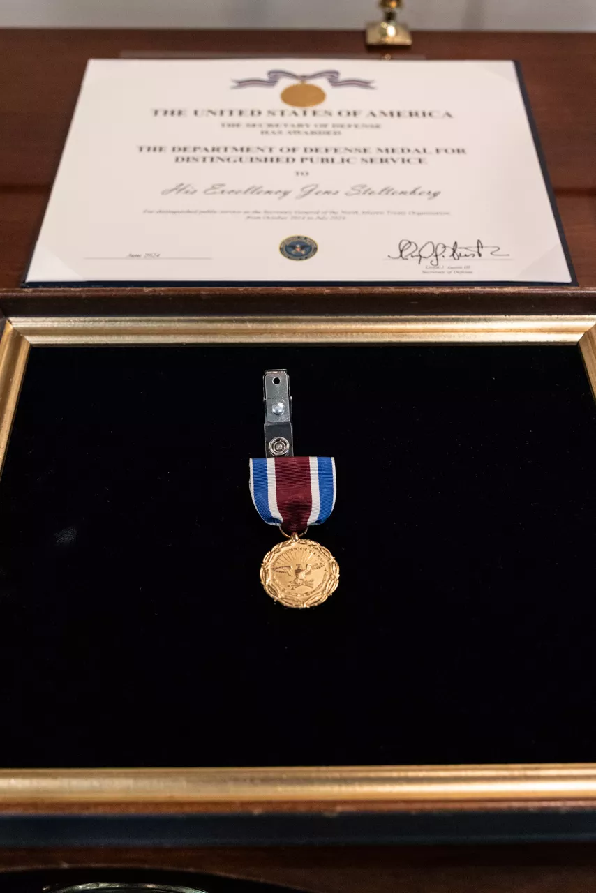 NATO Secretary General Jens Stoltenberg receives the US Department of Defense's Medal for distinguished Public Service