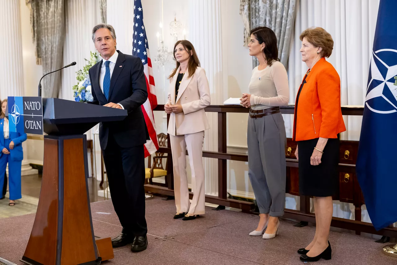NATO Secretary General's Special Representative for Women, Peace and Security Irene Fellin and US Secretary of State Antony Blinken