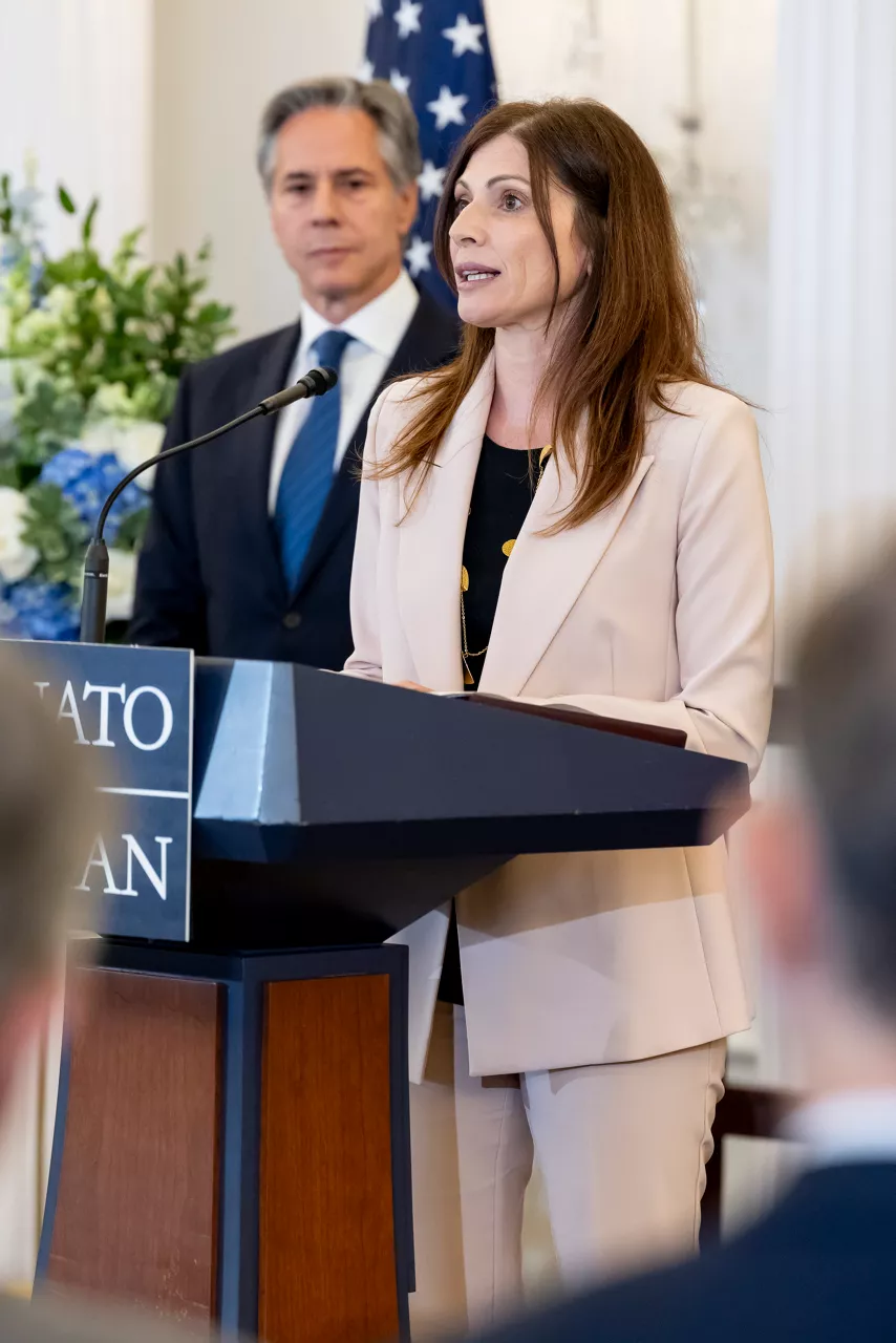 NATO Secretary General's Special Representative for Women, Peace and Security Irene Fellin and US Secretary of State Antony Blinken