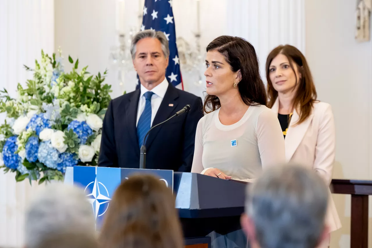 Thórdís Kolbrún Reykfjörd Gylfadóttir (Minister for Foreign Affairs, Iceland), NATO Secretary General's Special Representative for Women, Peace and Security Irene Fellin and US Secretary of State Antony Blinken