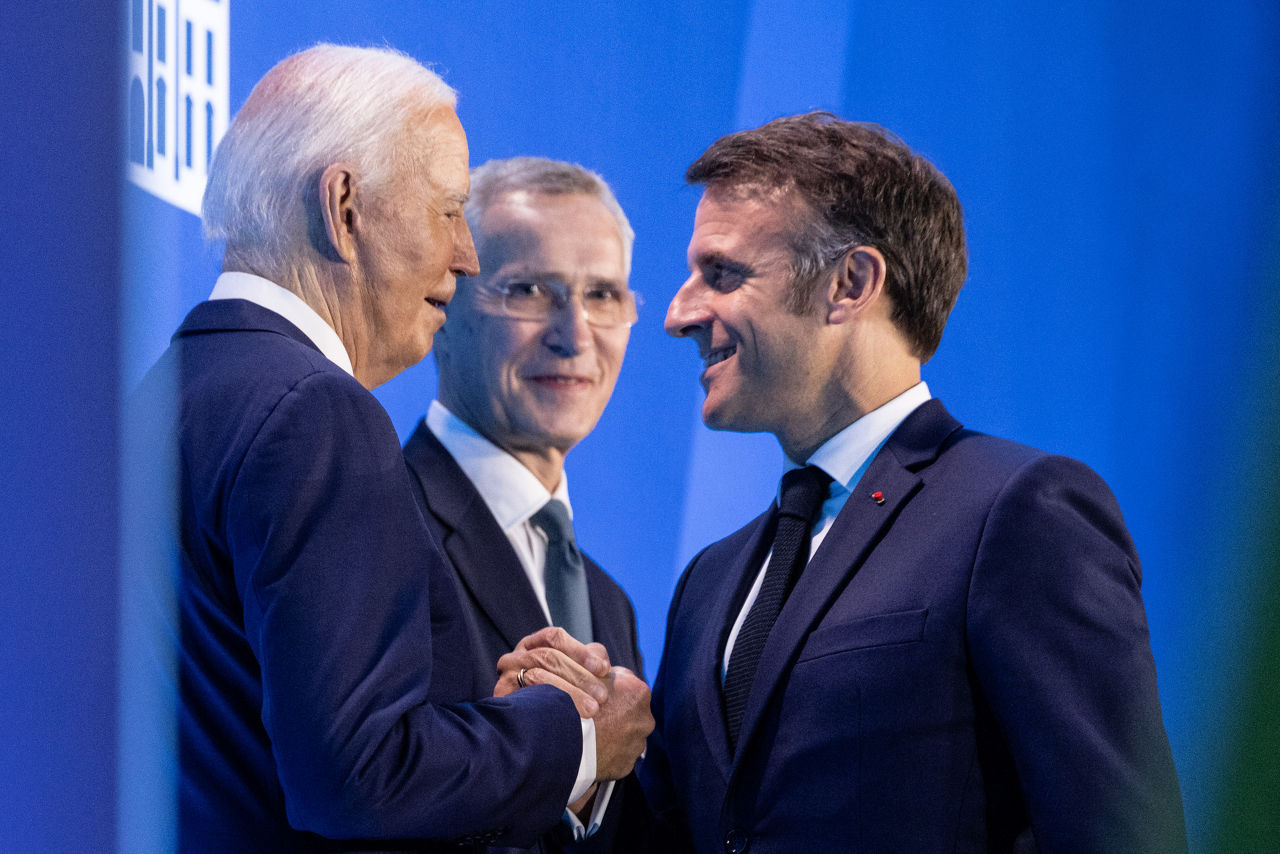 NATO Secretary General Jens Stoltenberg and U.S. President Joe Biden with Emmanuel Macron (President of France)