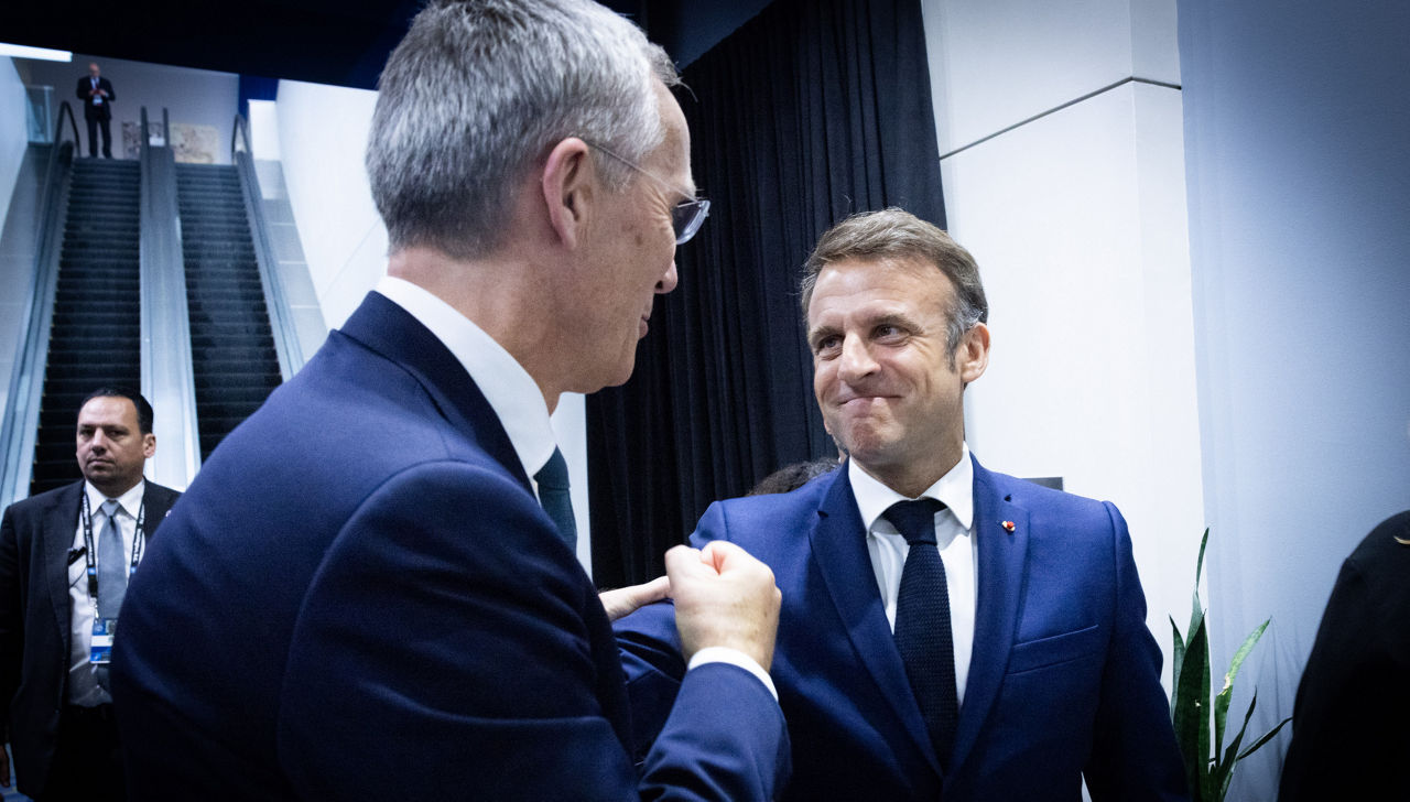 Left to right: NATO Secretary General Jens Stoltenberg greeting President Emmanuel Macron (France)