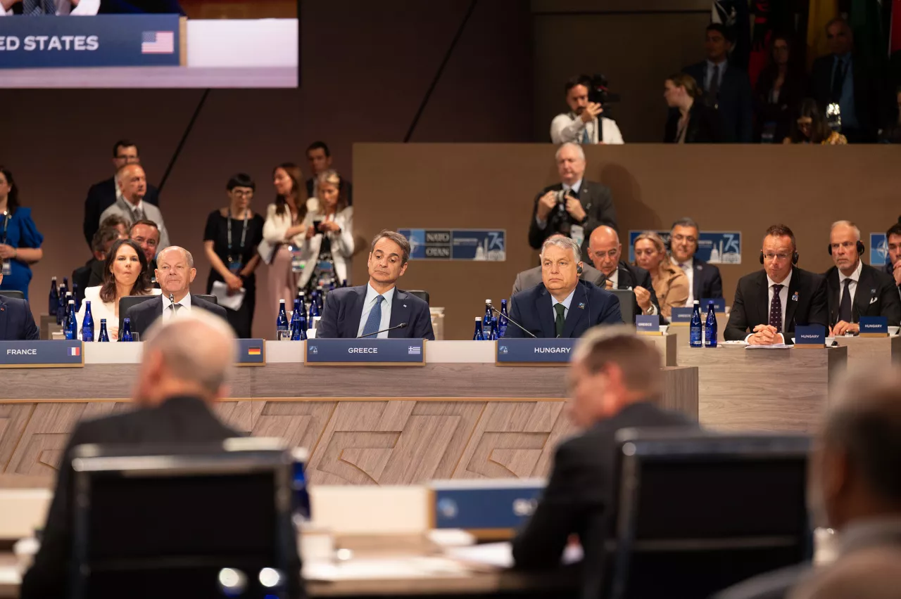 Left to right: Chancellor Olaf Scholz (Germany) with Kyriakos Mitsotakis (Prime Minister of Greece) and Viktor Orbán (Prime Minister of Hungary)