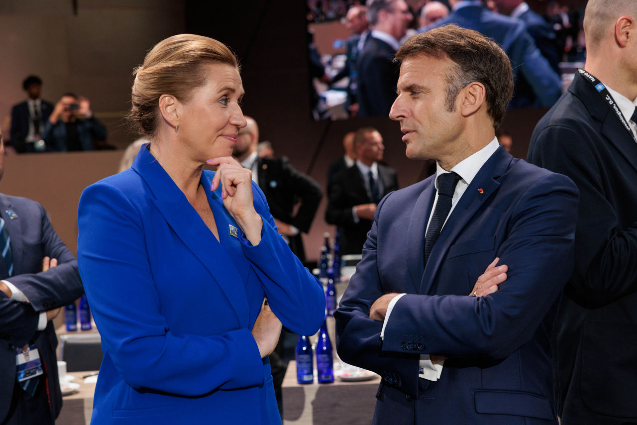 Left to right: Mette Frederiksen (Prime Minister of Denmark) with President Emmanuel Macron (France)