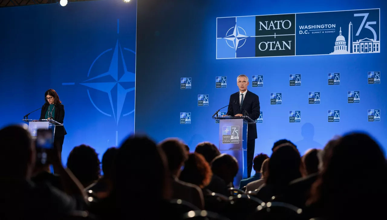 NATO Secretary General Jens Stoltenberg and NATO Spokesperson Farah Dakhlallah