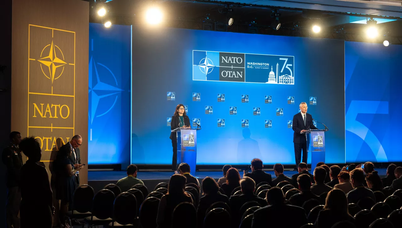 NATO Secretary General Jens Stoltenberg and NATO Spokesperson Farah Dakhlallah