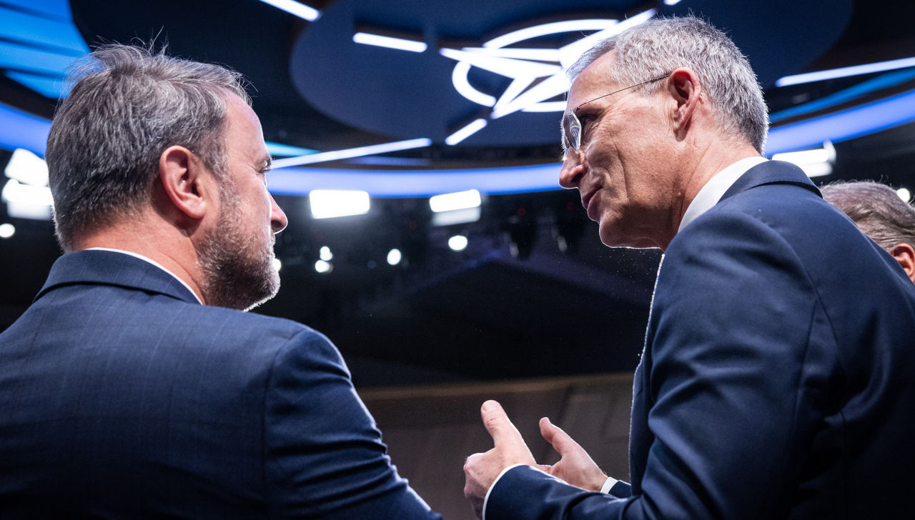 Centre and right: NATO Secretary General Jens Stoltenberg with Xavier Bettel (Minister of Foreign Affairs, Luxembourg)