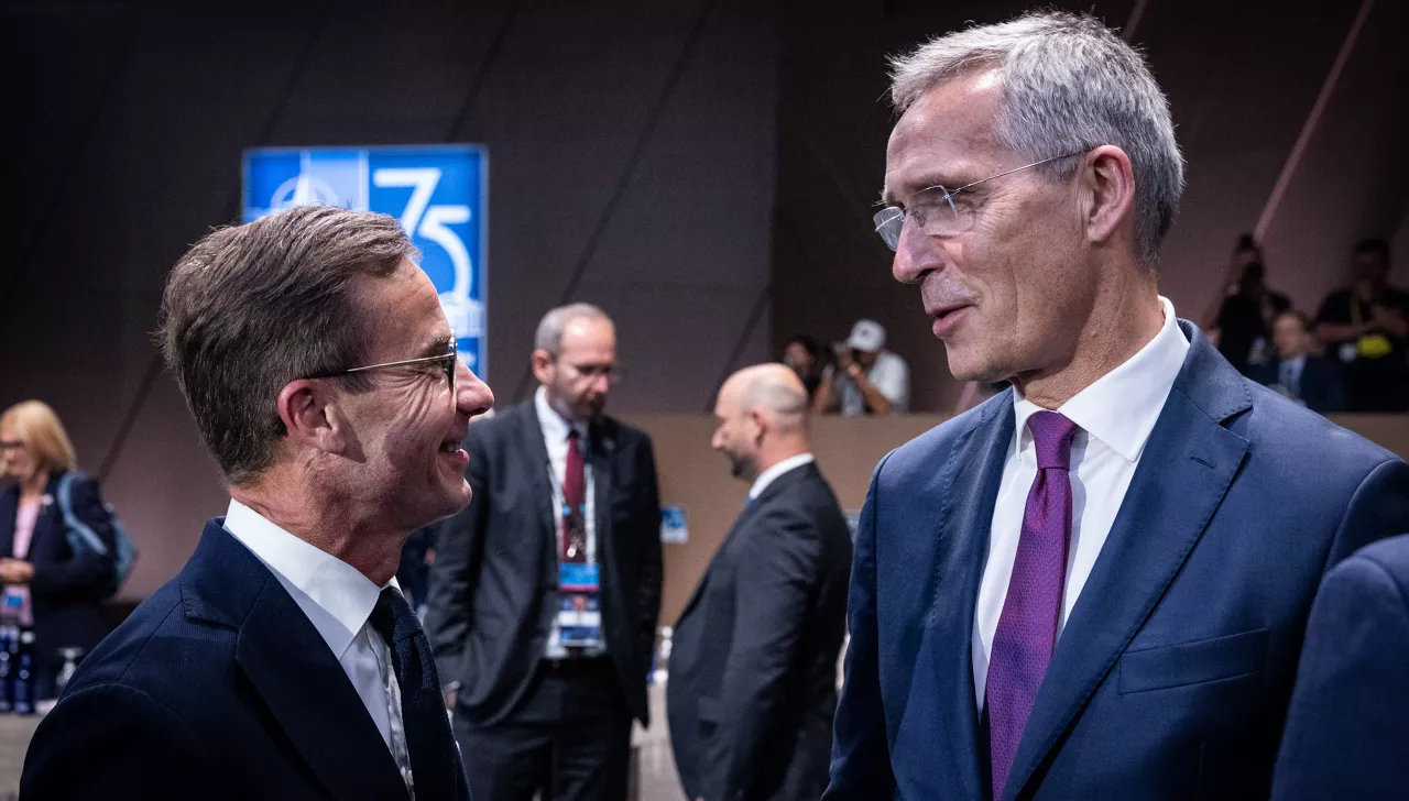 Left to right: Ulf Kristersson (Prime Minister of Sweden) talking with NATO Secretary General Jens Stoltenberg