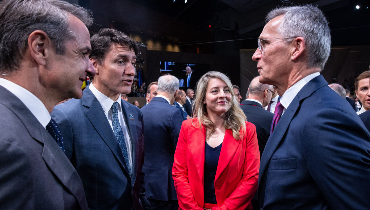Left to right: Justin Trudeau (Prime Minister of Canada) with Mélanie Joly (Minister of Foreign Affairs, Canada) and NATO Secretary General Jens Stoltenberg
