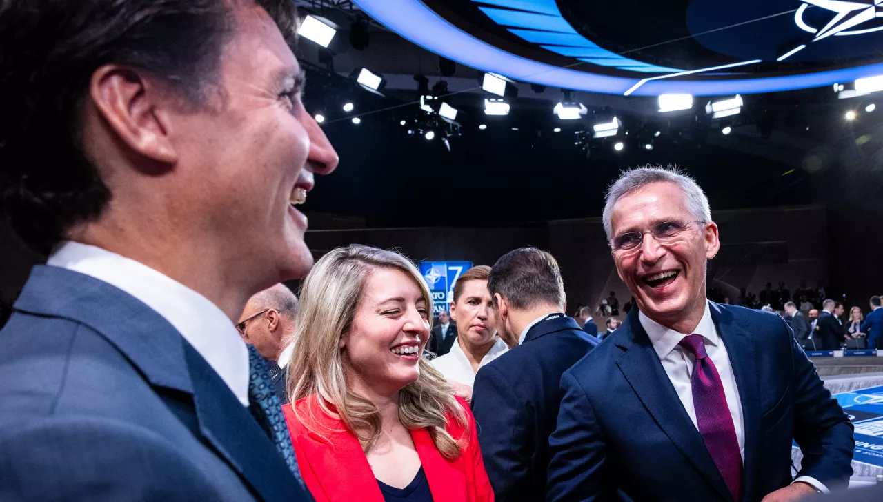 Left to right: Justin Trudeau (Prime Minister of Canada) with Mélanie Joly (Minister of Foreign Affairs, Canada) and NATO Secretary General Jens Stoltenberg
