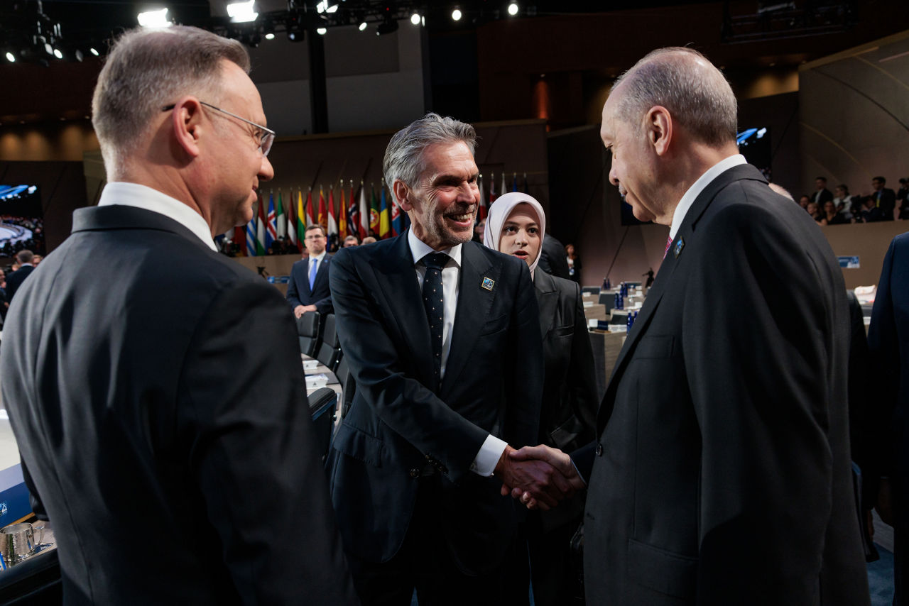 Left to right: President Andrzej Duda (Poland) with  Dick Schoof (Prime Minister of The Netherlands) and President Recep Tayyip Erdoğan (Türkiye)