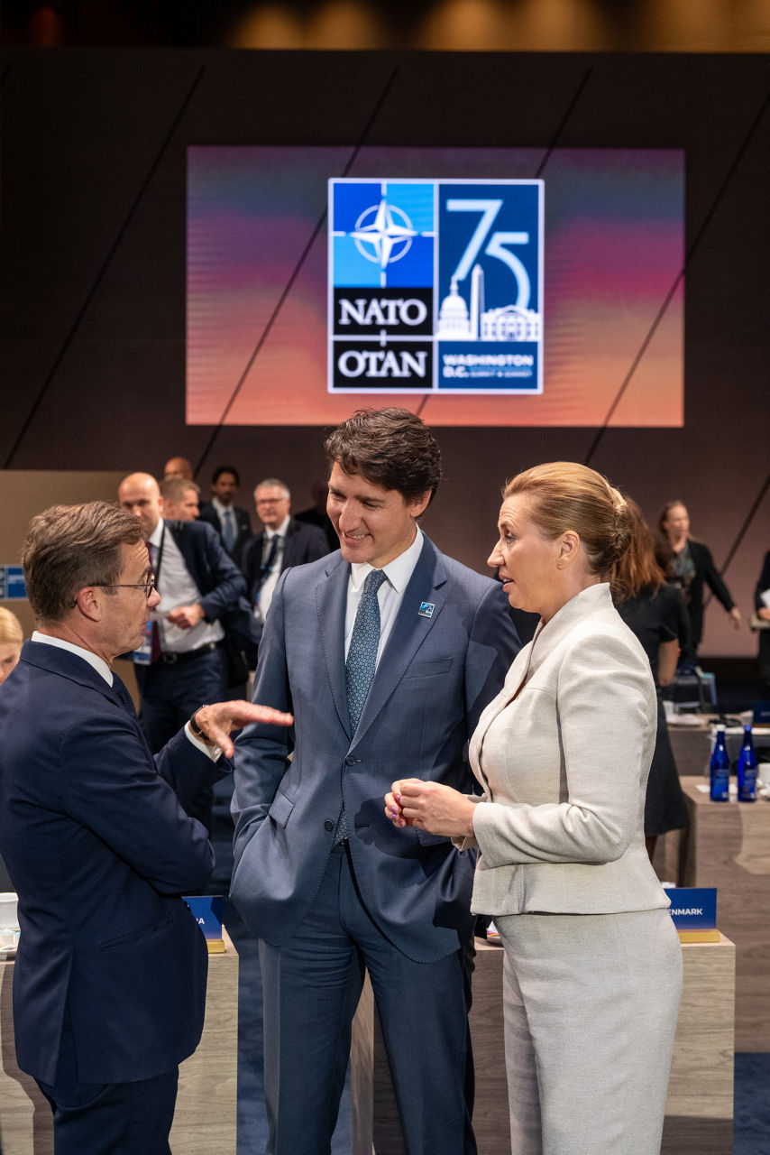 Left to right: Ulf Kristersson (Prime Minister of Sweden) with Justin Trudeau (Prime Minister of Canada) and Mette Frederiksen (Prime Minister of Denmark)