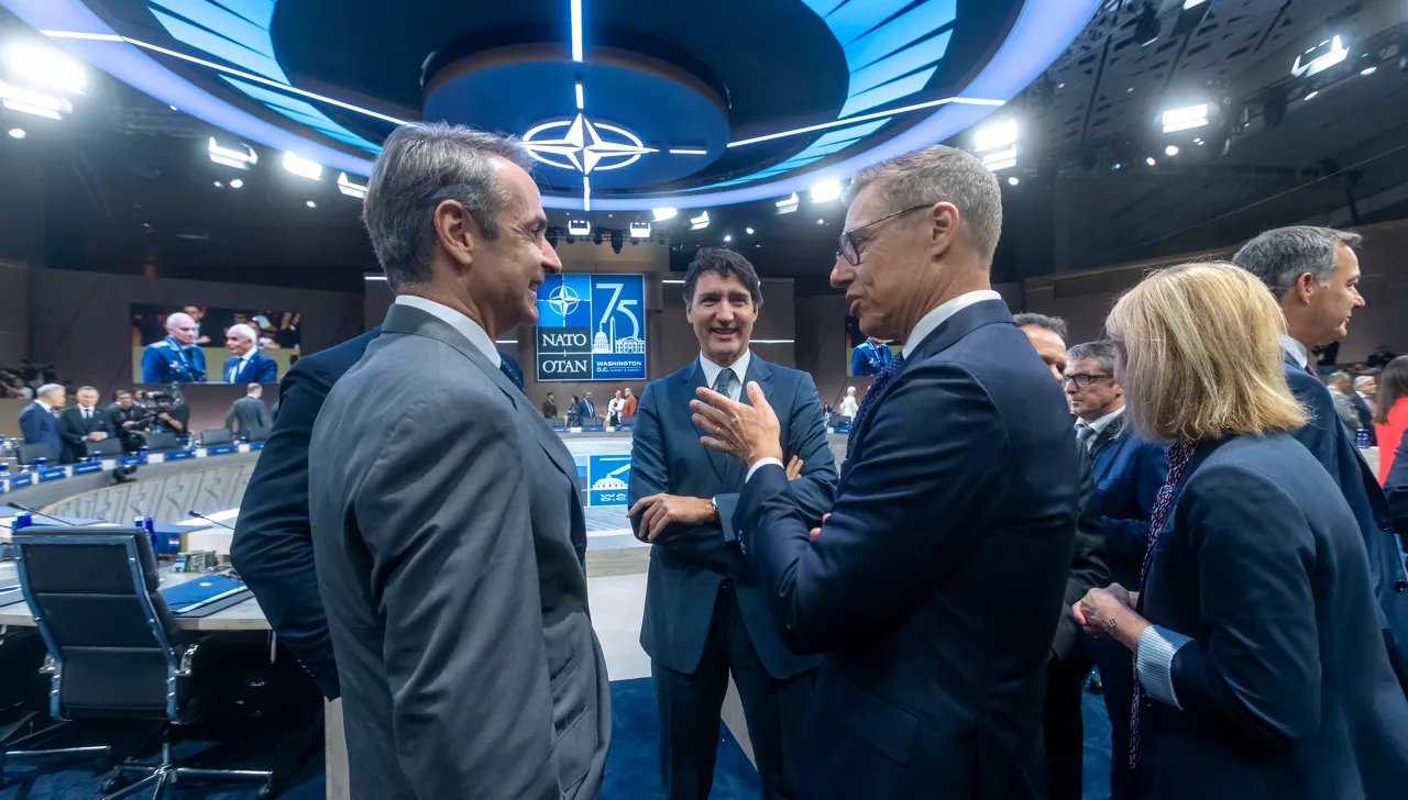 Left to right: Kyriakos Mitsotakis (Prime Minister of Greece) with Justin Trudeau (Prime Minister of Canada) and President Alexander Stubb (Finland)