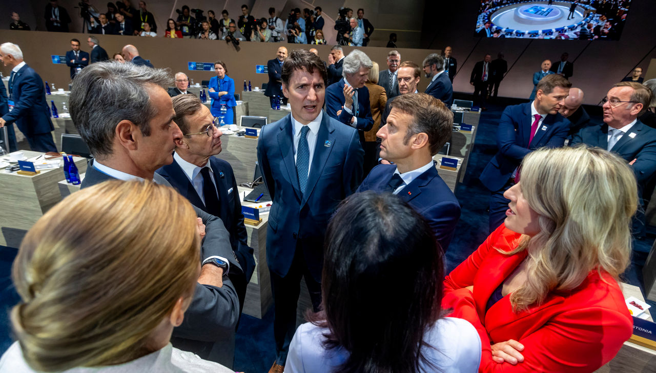 Left to right: Kyriakos Mitsotakis (Prime Minister of Greece); Ulf Kristersson (Prime Minister of Sweden): Justin Trudeau (Prime Minister of Canada); President Emmanuel Macron (France); Mélanie Joly (Minister of Foreign Affairs, Canada)