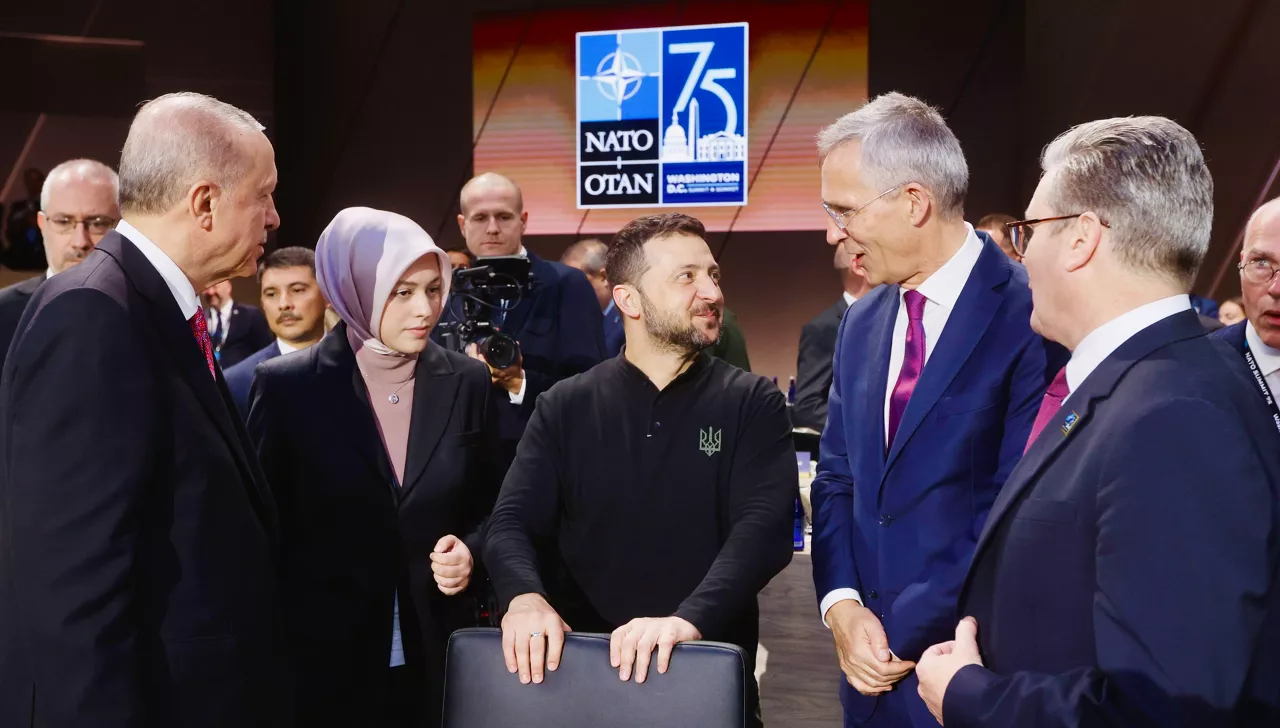Left to right: President Recep Tayyip Erdoğan ( Türkiye); President Volodymyr Zelenskyy (Ukraine); NATO Secretary General Jens Stoltenberg; Keir Starmer (UK Prime Minister)