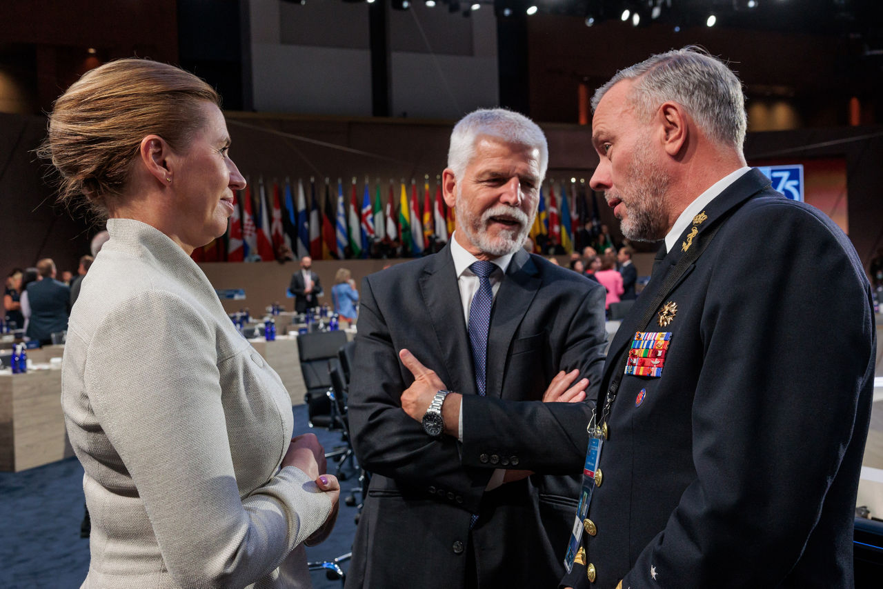 Left to right: Mette Frederiksen (Prime Minister of Denmark) with President Petr Pavel (Czech Republic) and Admiral Rob Bauer (Chair NATO Military Committee)