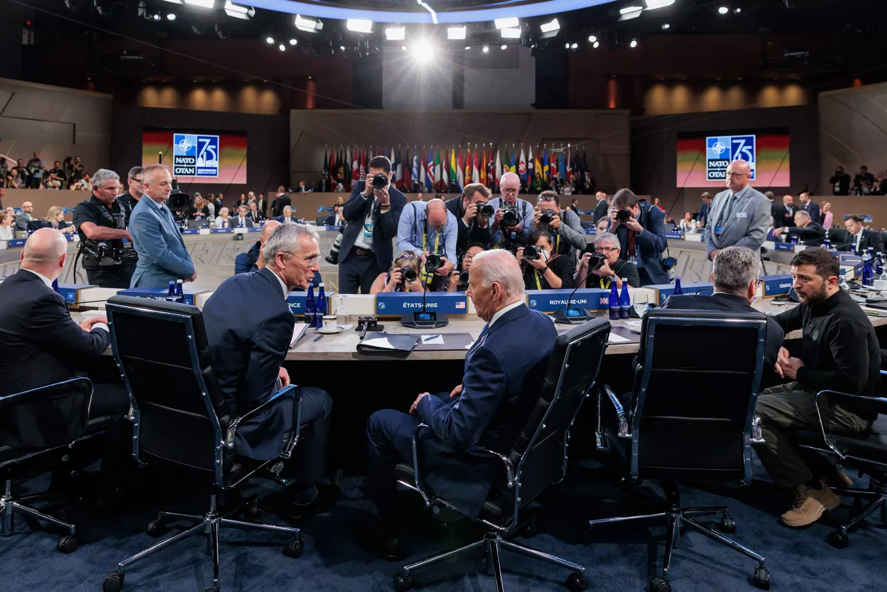 Left to right: NATO Secretary General Jens Stoltenberg; US President Joe Biden; Keir Starmer (UK Prime Minister); President Volodymyr Zelenskyy (Ukraine)