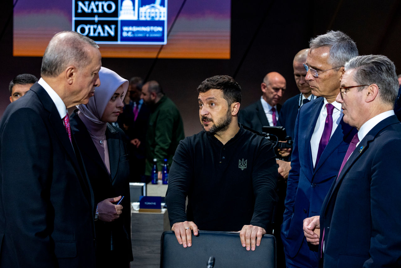 Left to right: President Recep Tayyip Erdoğan (Türkiye); President Volodymyr Zelenskyy (Ukraine); NATO Secretary General Jens Stoltenberg; Keir Starmer (UK Prime Minister)