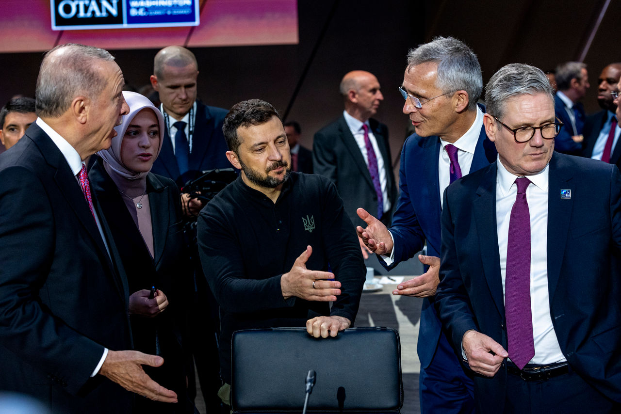 Left to right: President Recep Tayyip Erdoğan (Türkiye); President Volodymyr Zelenskyy (Ukraine); NATO Secretary General Jens Stoltenberg; Keir Starmer (UK Prime Minister)