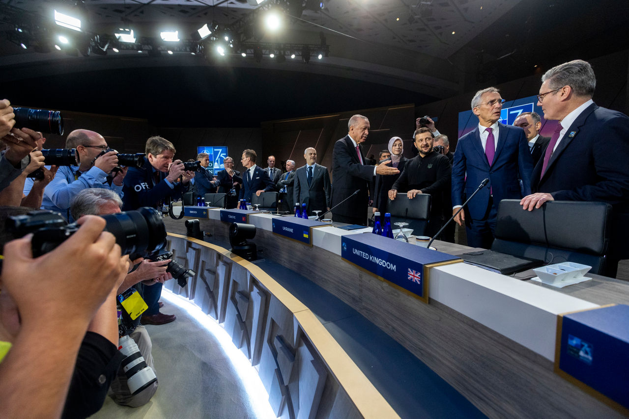 Left to right: President Recep Tayyip Erdoğan (Türkiye); President Volodymyr Zelenskyy (Ukraine); NATO Secretary General Jens Stoltenberg; Keir Starmer (UK Prime Minister)