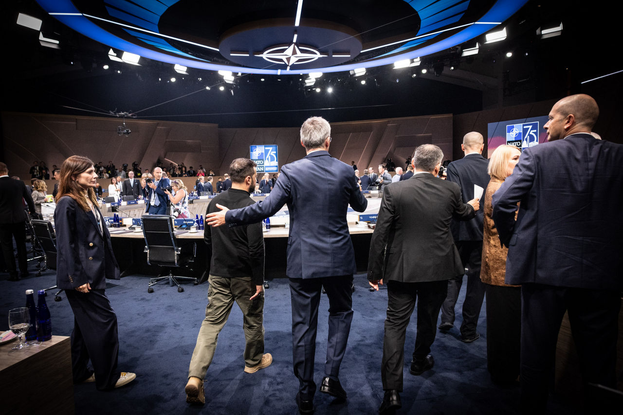 Left to right: President Volodymyr Zelenskyy (Ukraine)  and NATO Secretary General Jens Stoltenberg walking into the meeting room
