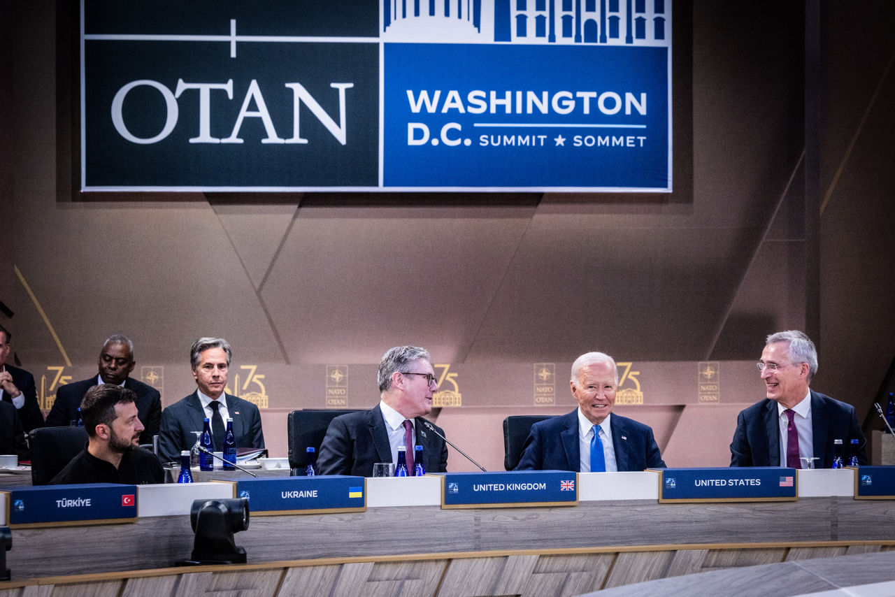 Left to right: President Volodymyr Zelenskyy (Ukriane); Keir Starmer (UK Prime Minister); US President Joe Biden; NATO Secretary General Jens Stoltenberg