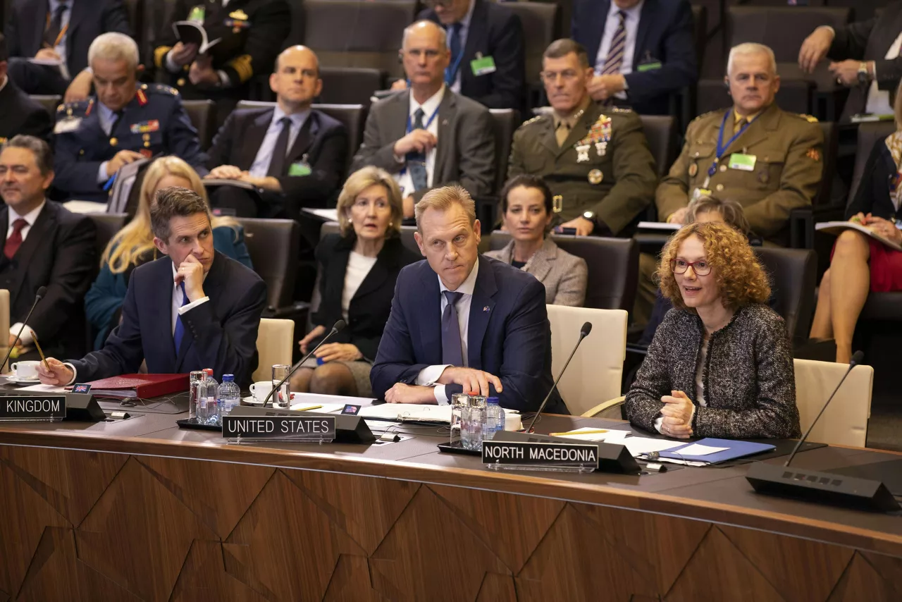 Left to right: Gavin Williamson (UK Secretary of State for Defence) with Patrick M. Shanahan (Acting US Secretary of Defense) and Radmila Shekerinska (Minister of Defence, North Macedonia)