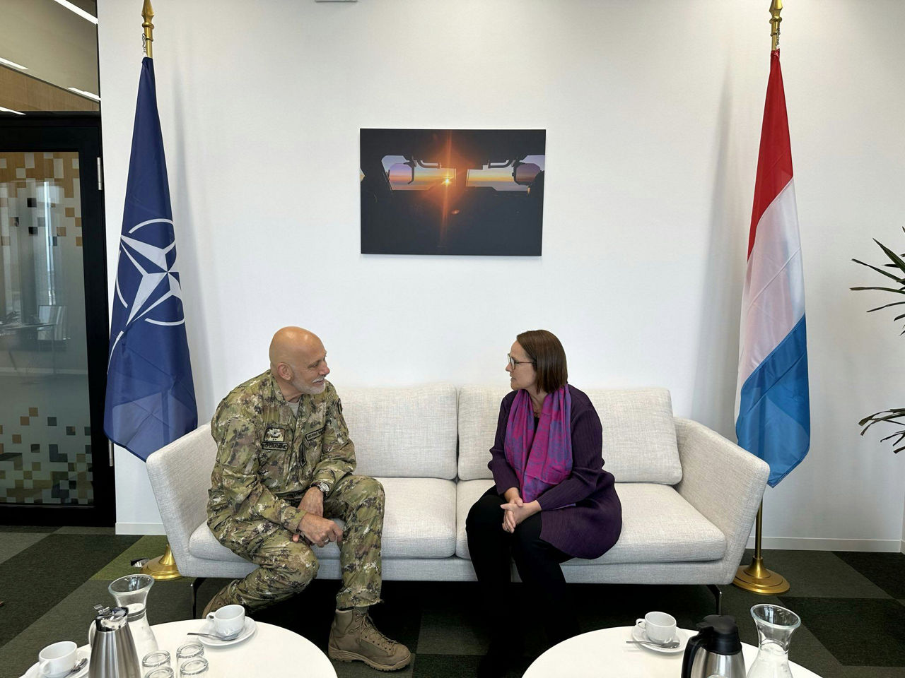 The Chair of the NATO Military Committee, Admiral Giuseppe Cavo Dragone, meets the Minister of Defence of Luxembourg, Yuriko Backes