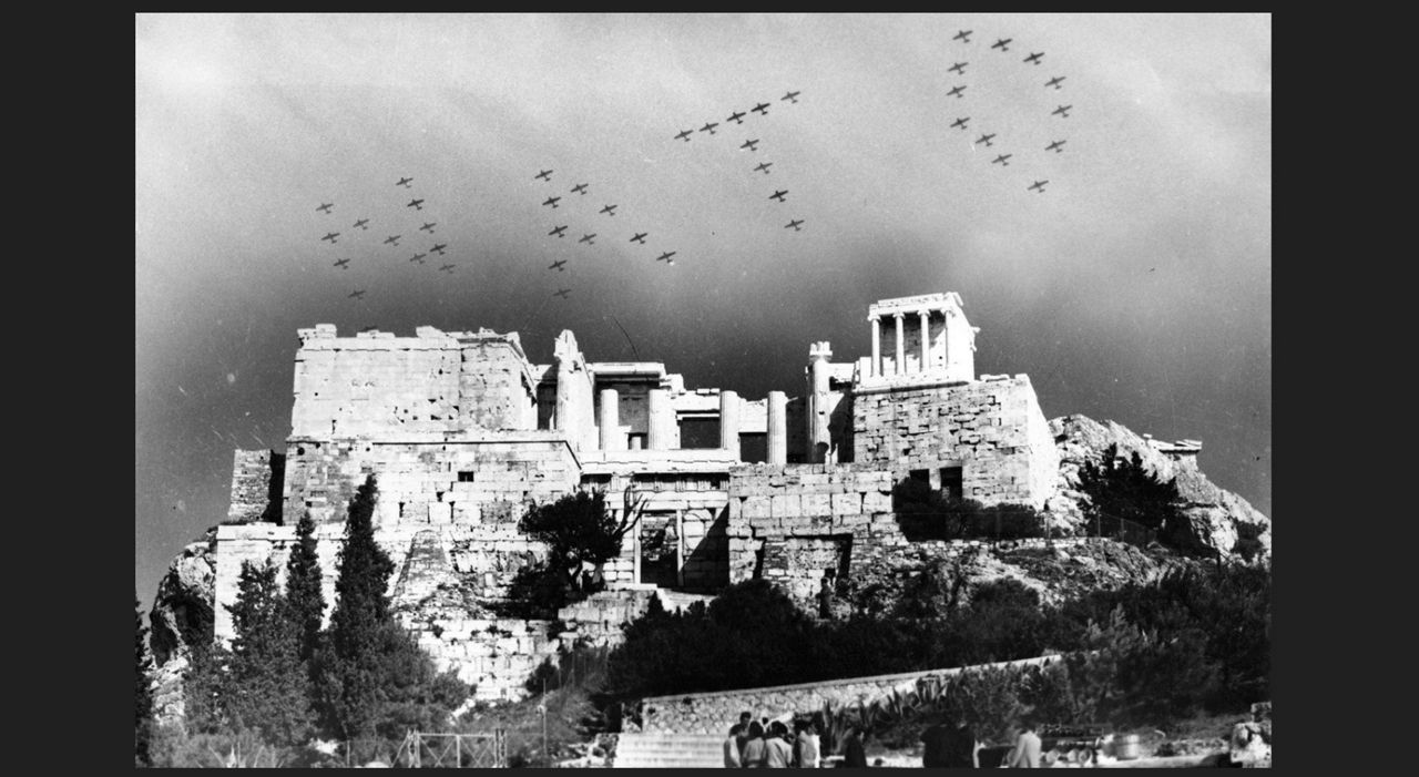Planes in N-A-T-O formation over the Parthenon in Athens, Greece