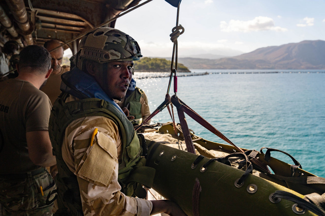 Mauritanian sailors conduct medical evacuation drills during a training exercise.



Sailors of the Mauritanian Navy conducted a three week-training programme on maritime security operations, hosted by the NATO Maritime Interdiction Operational Training Centre (NMIOTC), located near Chania, Greece, from 21 October to 8 November 2024. These training activities were carried out within the framework of NATO’s Defence and Related Security Capacity Building (DCB) Initiative.

