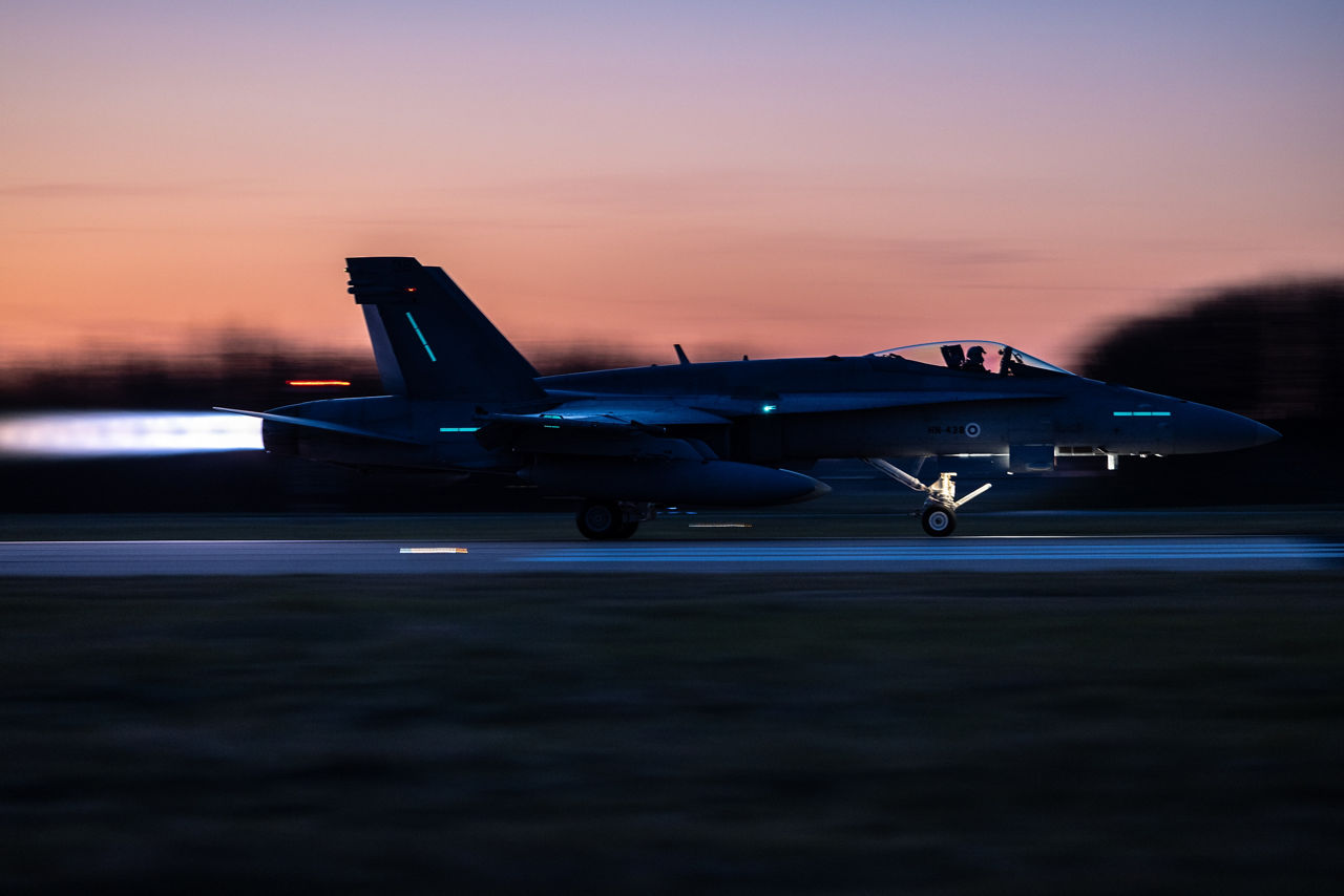 An F/A-18 Hornet from the Finnish Air Force takes off from Leeuwarden Air Base in the Netherlands during exercise Ramstein Flag 25. 

With over 90 aircraft from 15 NATO Allies flying out of 12 Allied air bases throughout Europe, the exercise tests NATO’s ability to perform a broad variety of air combat missions using multinational forces.