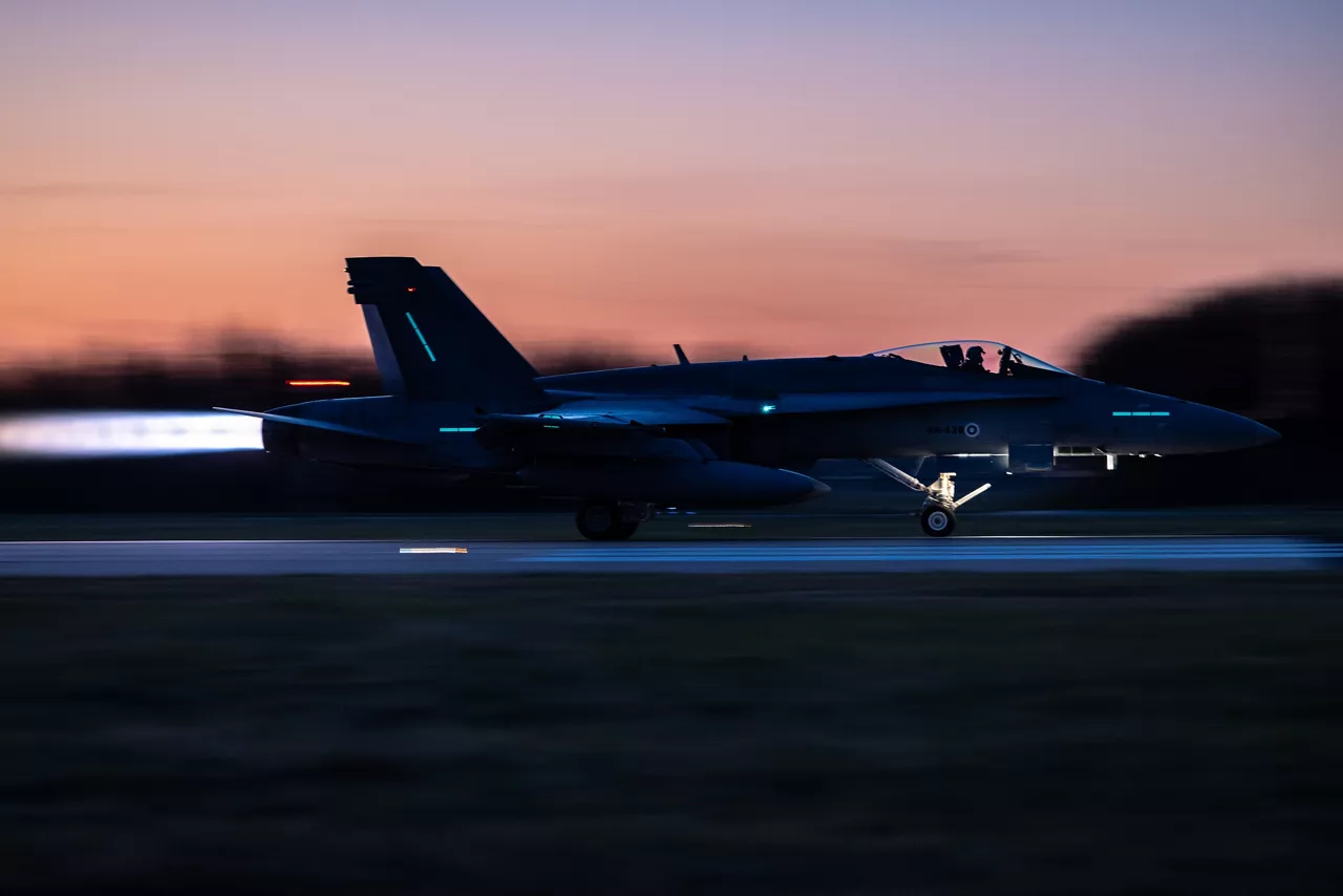 An F/A-18 Hornet from the Finnish Air Force takes off from Leeuwarden Air Base in the Netherlands during exercise Ramstein Flag 25. 

With over 90 aircraft from 15 NATO Allies flying out of 12 Allied air bases throughout Europe, the exercise tests NATO’s ability to perform a broad variety of air combat missions using multinational forces.