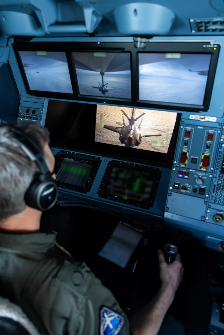 A Belgian Air Force boom operator aboard an Airbus A-330 Multi-Role Tanker Transport aircraft refuels a Royal Netherlands Air Force F-35 Lighting II fighter jet during exercise Ramstein Flag 25. 

With over 90 aircraft from 15 NATO Allies flying out of 12 Allied air bases throughout Europe, the exercise tests NATO’s ability to perform a broad variety of air combat missions using multinational forces.
