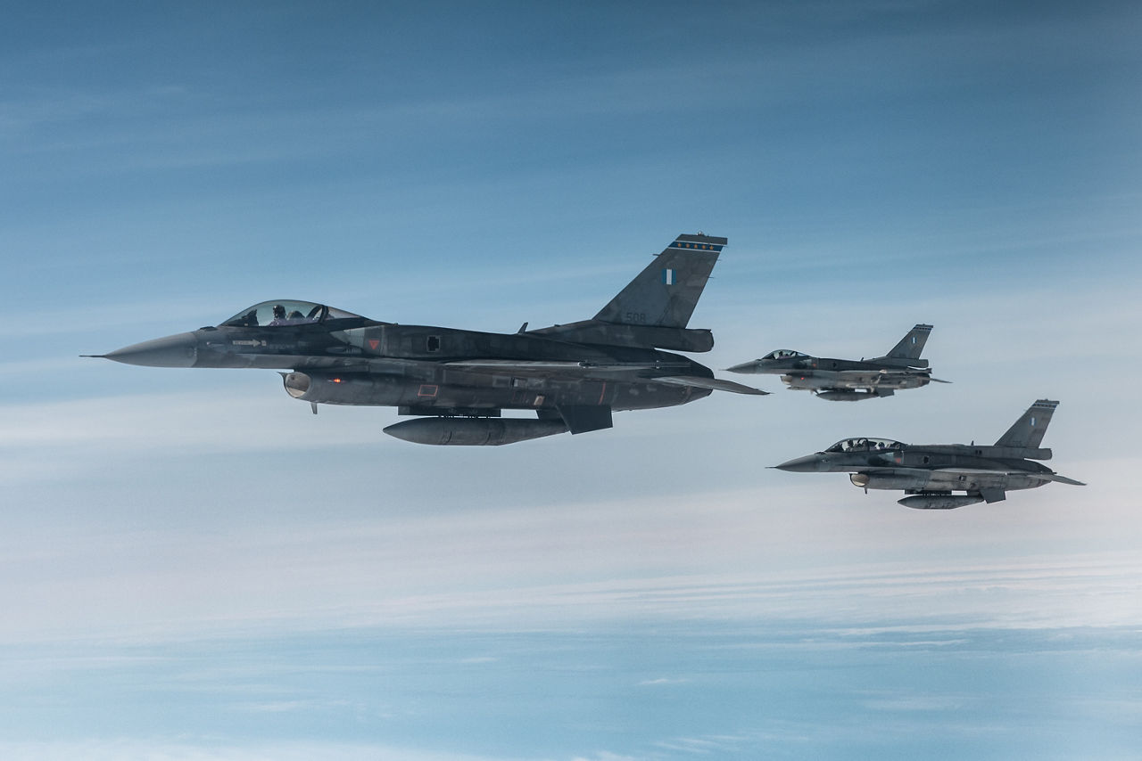 F-16 Fighting Falcons from the Hellenic Air Force fly in formation during exercise Ramstein Flag 25. 

With over 90 aircraft from 15 NATO Allies flying out of 12 Allied air bases throughout Europe, the exercise tests NATO’s ability to perform a broad variety of air combat missions using multinational forces.
