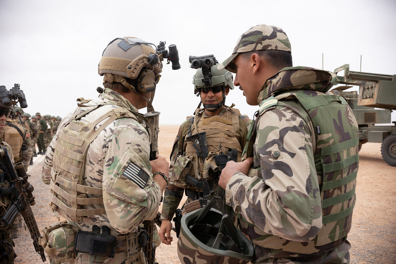 Moroccan and U.S. soldiers discuss operational tactics during exercise African Lion 25.



Exercise ‘African Lion 2025’ saw 10,000 troops train together in Ghana, Morocco, Senegal and Tunisia. After two weeks of classroom training, the exercise culminated in a week-long planning exercise, combining land, air, sea, space and cyberspace challenges.


