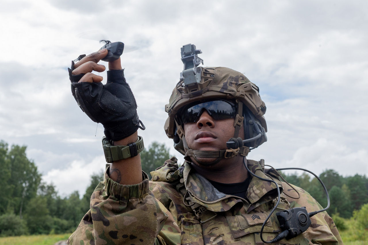 A US Army Soldier prepares to launch his Black Hornet micro drone. 

US and British troops test counter-drone tech in Poland during Project Flytrap, ensuring NATO forces are equipped to detect, track and disable drones on tomorrow’s battlefield.