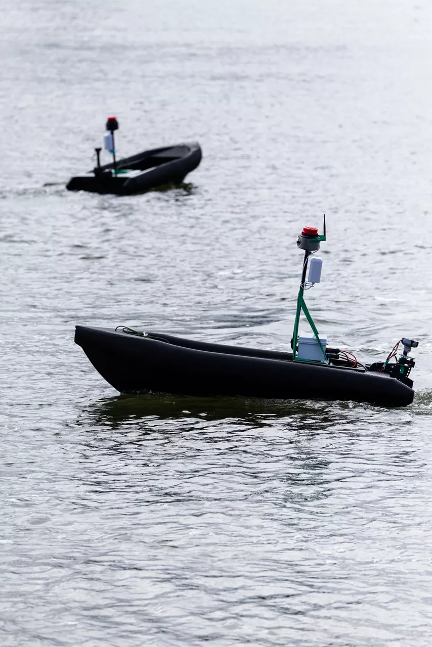 3D-printed drone boats float in the harbour at Den Helder Naval Base in the Netherlands during Exercise Bold Machina 25. 

Held by NATO’s Allied Special Operations Command (SOFCOM), exercise Bold Machina 25 is a series of experimental trials intended to test out emerging technologies in special operations held at sea.