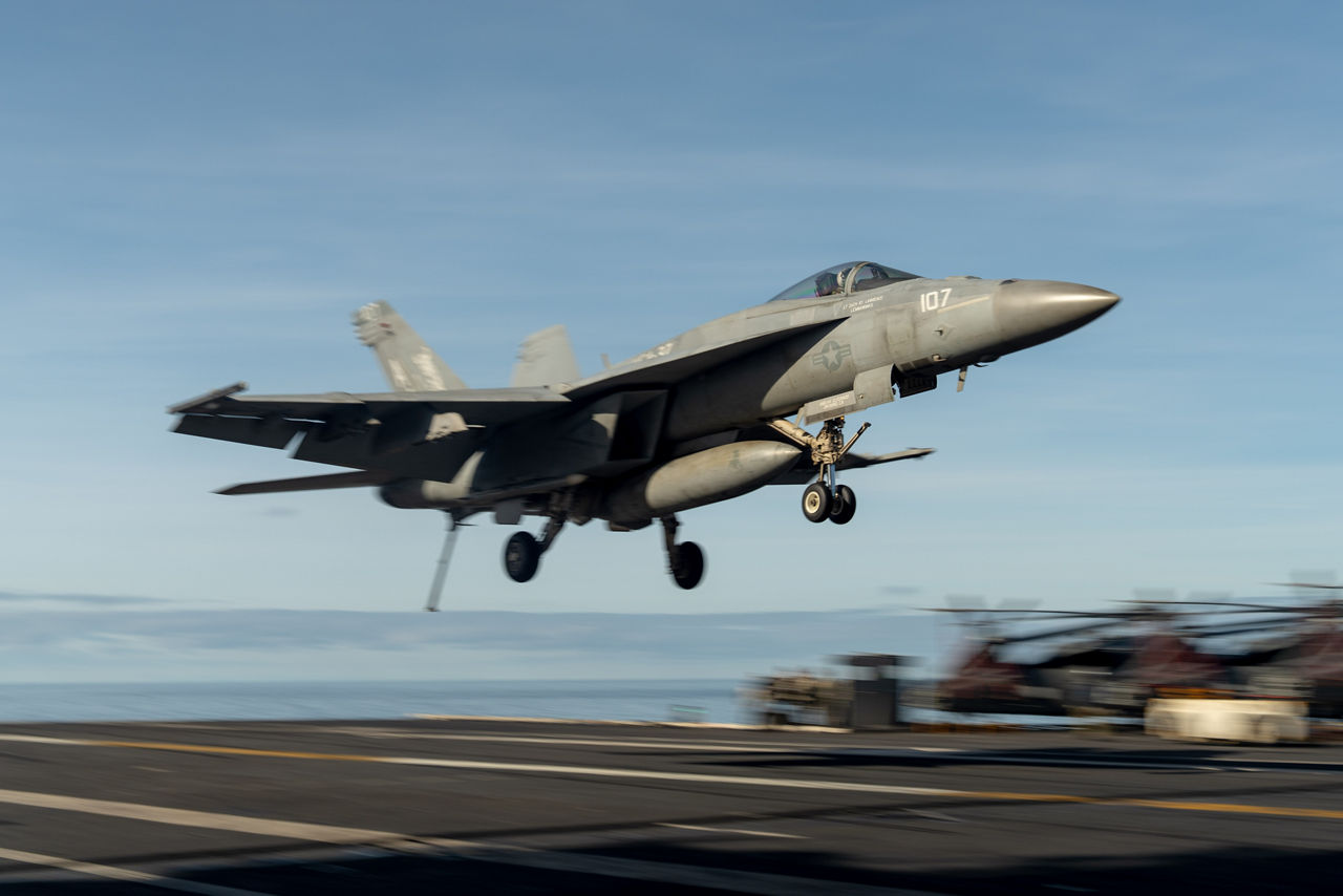 A US Navy F/A-18 Super Hornet lands on the flight deck of the USS Gerald R. Ford.

The USS Gerald R. Ford sailed under NATO command for Neptune Strike 25-3, a long-planned enhanced vigilance activity designed to demonstrate the complex integration of high-end maritime strike capabilities and air-land integration. It took place from 22 until 26 September 2025.