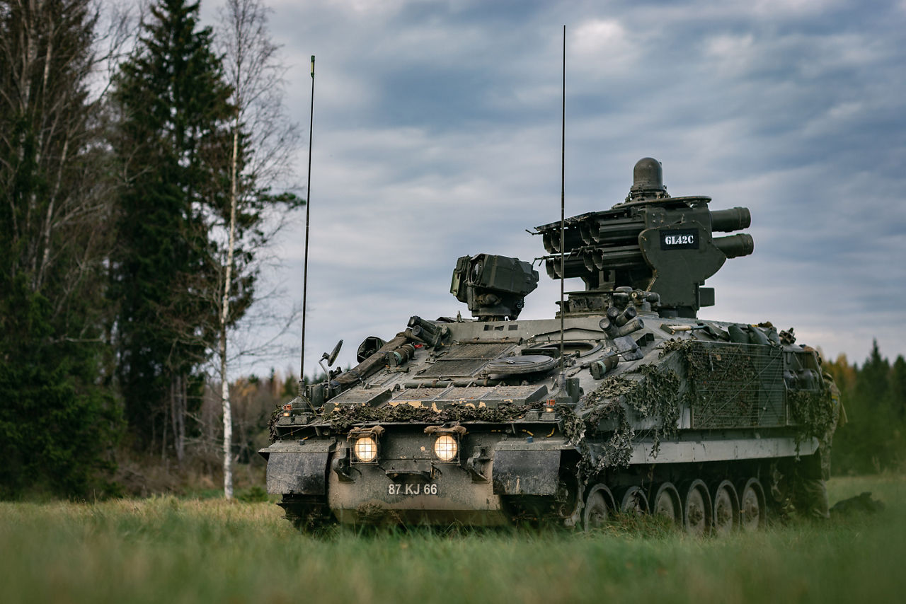 A British Stormer Air Defence Vehicle scans the skies during Exercise Bold Eagle in Estonia.



NATO Allies tested their quick reaction defence skills in Estonia during Exercise Bold Panzer, strengthening NATO’s ability to respond to any incursion into Estonian territory. The exercise brought together forces from Canada, Estonia, France, Latvia, Poland, Slovenia and the UK over two weeks, ensuring their readiness to protect Estonia and the Alliance.