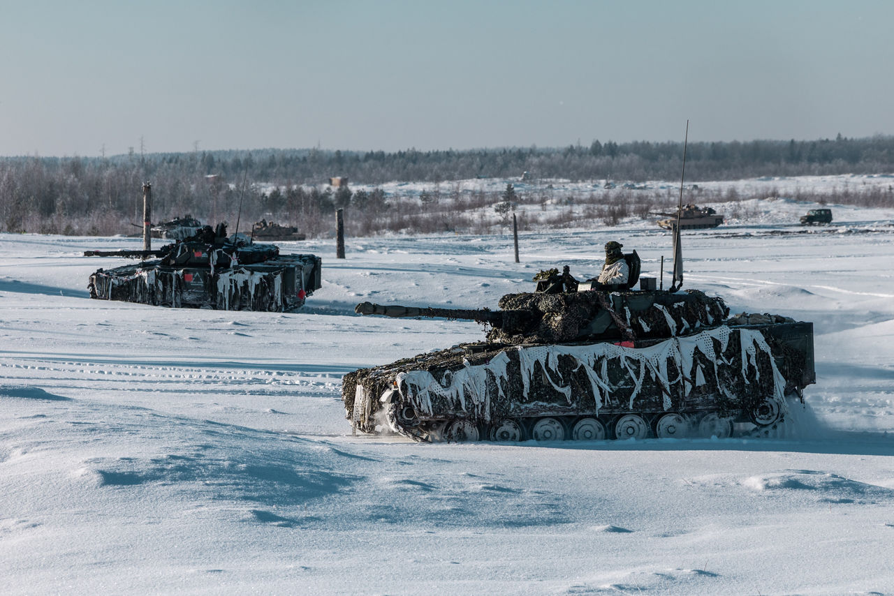 Estonian Army CV90 infantry fighting vehicles support an infantry counterattack near Tapa, Estonia.



During exercise Winter Camp, NATO’s multinational battlegroup in Estonia braved bitterly cold temperatures as units trained together in demanding winter conditions. The unforgiving environment allowed Allied troops to refine their cold‑weather techniques and demonstrate their ability to defend their territory under any circumstances.