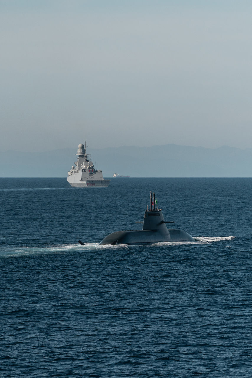 An Italian Navy submarine sails behind an Italian Navy frigate during Exercise Dynamic Manta 26. The exercise, held annually by NATO Allied Maritime Command, tests Allied Anti-Submarine Warfare capabilities in a series of sub-hunting drills off the coast of Sicily. This year’s iteration gathered ship, submarines and aircraft from nine Allies, including Canada, France, Germany, Greece, Italy, Portugal, Turkey, the United Kingdom and the United States.