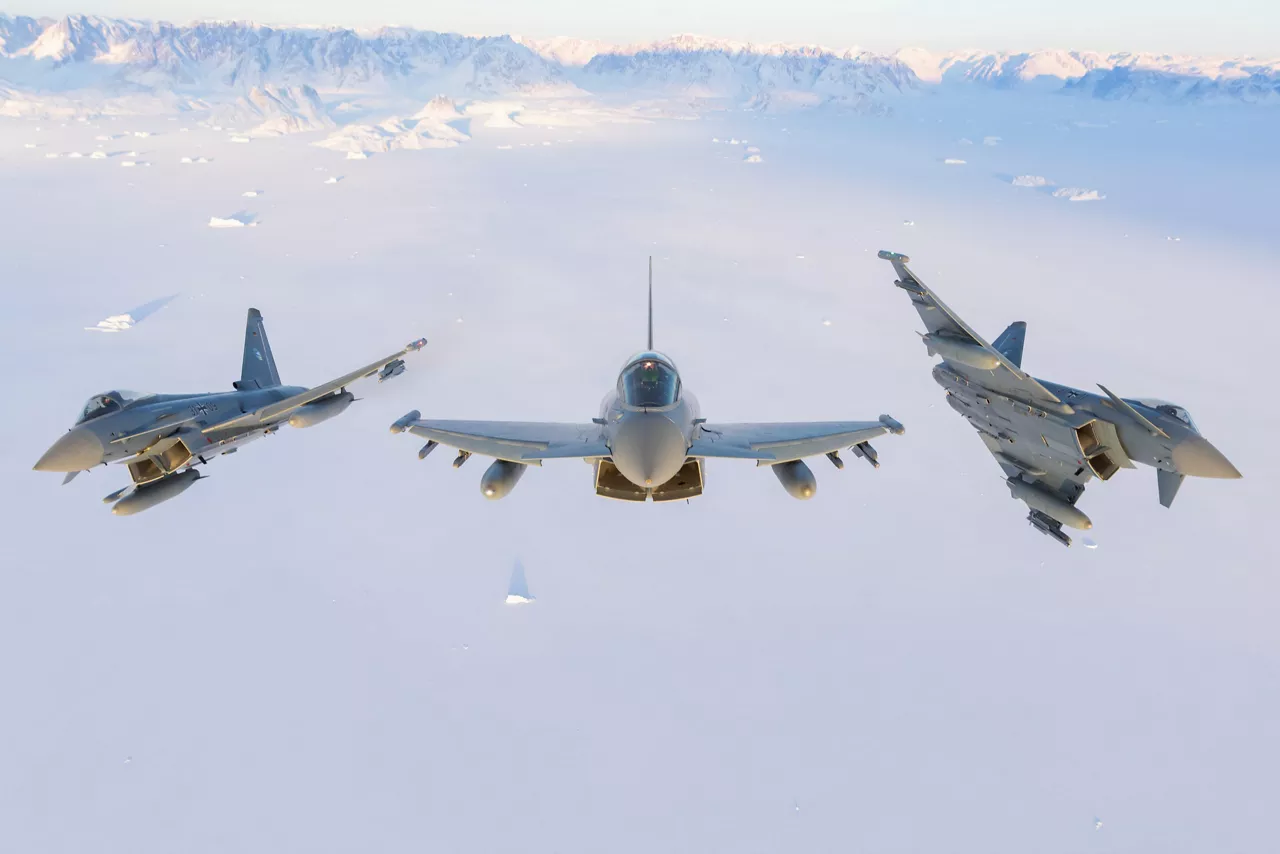 German Air Force Eurofighter Typhoons fly over a remote stretch of Iceland while training with the Swedish Air Force as part of NATO’s Arctic Sentry activity. Arctic Sentry is a NATO vigilance activity aimed at enhancing security in the north, helping to make the Alliance safer. As part of this initiative, Sweden deployed a detachment of six Gripens to Keflavik Air Base to safeguard Icelandic airspace against threats or intrusions. Their deployment is also part of NATO’s Iceland Air Policing mission, marking the first time Sweden has led an air policing mission since joining NATO two years ago as its 32nd member. During their deployment, fighters from the Royal Danish Air Force and the German Air Force joined them for integration training. Situated in the middle of the North Atlantic, Iceland plays a vital role in helping Allies maintain situational awareness in the High North. Photo courtesy of the German Air Force.