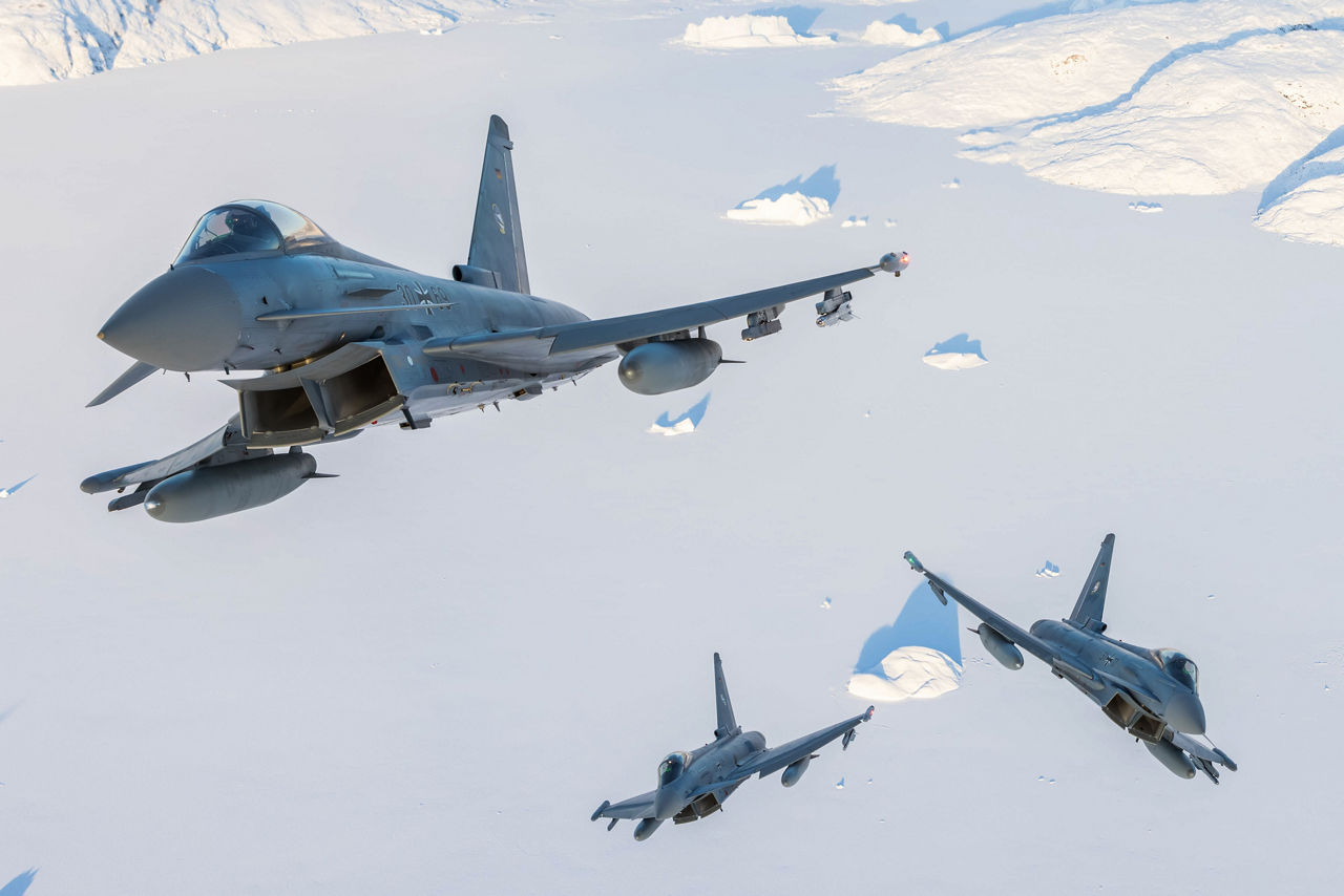 German Air Force Eurofighter Typhoons fly over a remote stretch of Iceland while training with the Swedish Air Force as part of NATO’s Arctic Sentry activity. Arctic Sentry is a NATO vigilance activity aimed at enhancing security in the north, helping to make the Alliance safer. As part of this initiative, Sweden deployed a detachment of six Gripens to Keflavik Air Base to safeguard Icelandic airspace against threats or intrusions. Their deployment is also part of NATO’s Iceland Air Policing mission, marking the first time Sweden has led an air policing mission since joining NATO two years ago as its 32nd member. During their deployment, fighters from the Royal Danish Air Force and the German Air Force joined them for integration training. Situated in the middle of the North Atlantic, Iceland plays a vital role in helping Allies maintain situational awareness in the High North. Photo courtesy of the German Air Force.