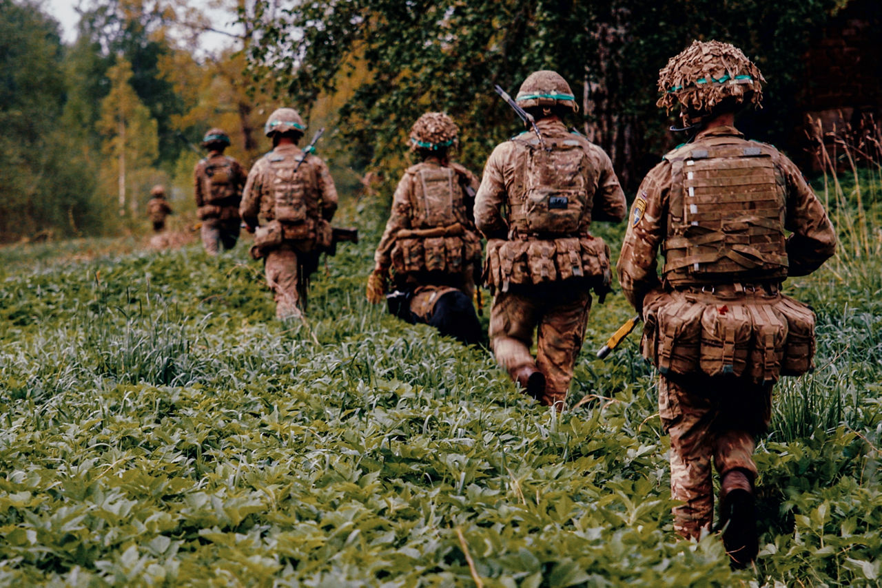 British Army soldiers march through the dense Estonian foliage during Exercise Spring Storm 26. Spring Storm is the largest annual exercise of the Estonian Defence Forces, testing the leadership and combat readiness of the Estonian Army, Air Force, Navy and Cyber Command, as well as the Estonian Defence League. Forces from NATO's multinational battlegroup in Estonia also participated, ensuring that, should Estonia need to defend its territory, its troops will be ready to seamlessly integrate Allied combat power. Spring Storm 26 took place throughout Estonia and in northern Latvia from 4 May to 1 June 2026.