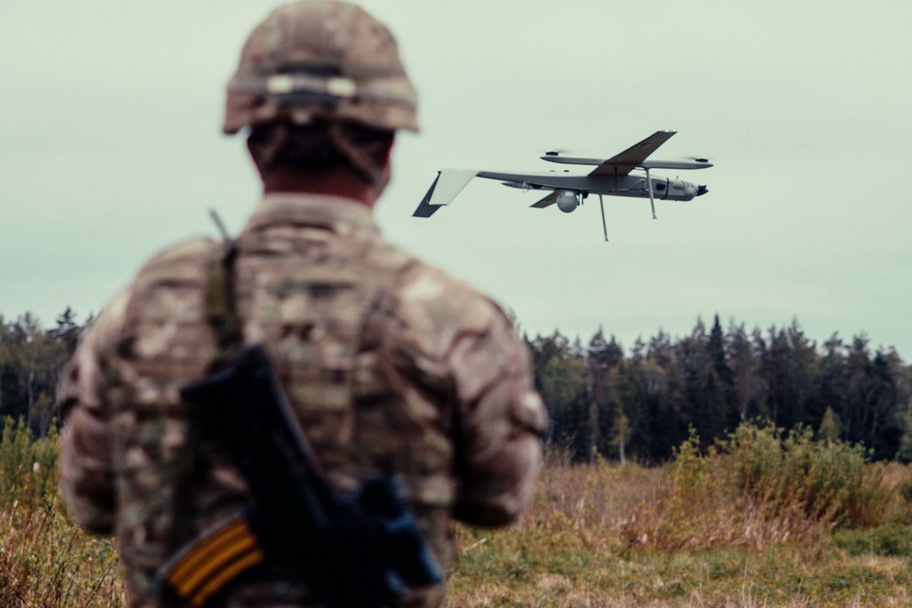 A British Army soldier watches his AR3 Evolution reconnaissance drone come in for landing during Exercise Spring Storm 26. Spring Storm is the largest annual exercise of the Estonian Defence Forces, testing the leadership and combat readiness of the Estonian Army, Air Force, Navy and Cyber Command, as well as the Estonian Defence League. Forces from NATO's multinational battlegroup in Estonia also participated, ensuring that, should Estonia need to defend its territory, its troops will be ready to seamlessly integrate Allied combat power. Spring Storm 26 took place throughout Estonia and in northern Latvia from 4 May to 1 June 2026.